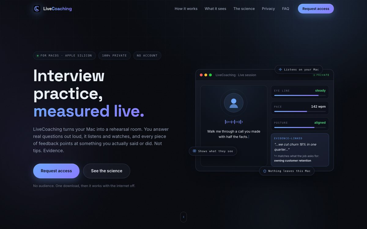 LiveCoaching: interview practice measured live, showing pace, eye line and posture readings