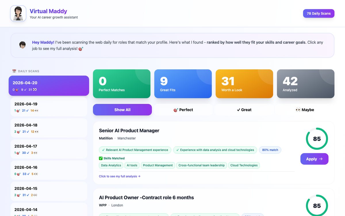 Virtual Maddy career agent: daily scans with roles ranked by fit and scored with reasons